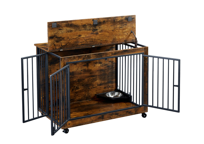 Furniture Style Dog Crate Side Table With Rotatable Feeding Bowl, Wheels, Three Doors, Flip-Up Top Opening. Indoor, Rustic Brown, Grey