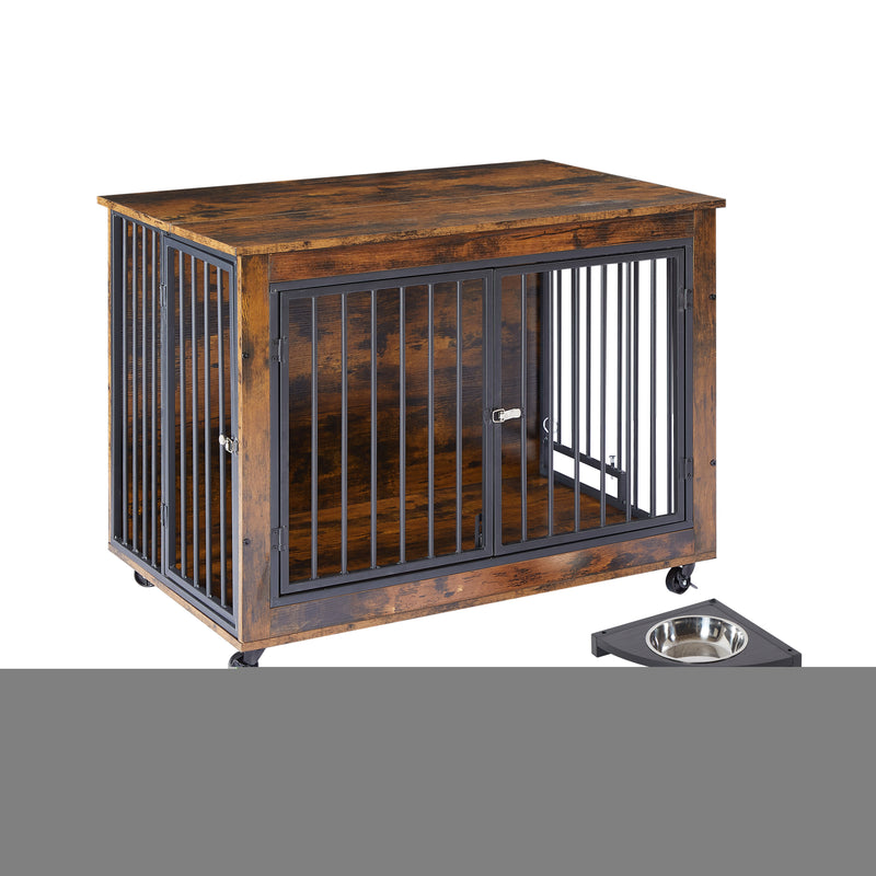 Furniture Style Dog Crate Side Table With Rotatable Feeding Bowl, Wheels, Three Doors, Flip-Up Top Opening. Indoor, Rustic Brown, Grey