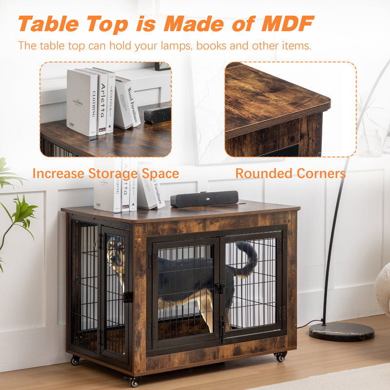 Dog Crate Furniture, Large Dog Kennel, Wooden Pet Furniture with Pull-Out Tray, Home and Indoor Use, Double Door Modern Side End Table for Medium/Large/Small Dog