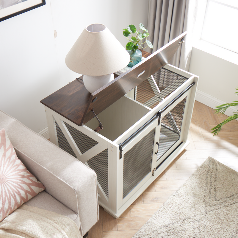Dog Cage Crate Furniture with Sliding Barn Door, Farmhouse Wooden Dog Kennel End Table with Flip-top Plate Dog House with Detachable Divider for Small/Medium/Large Dog