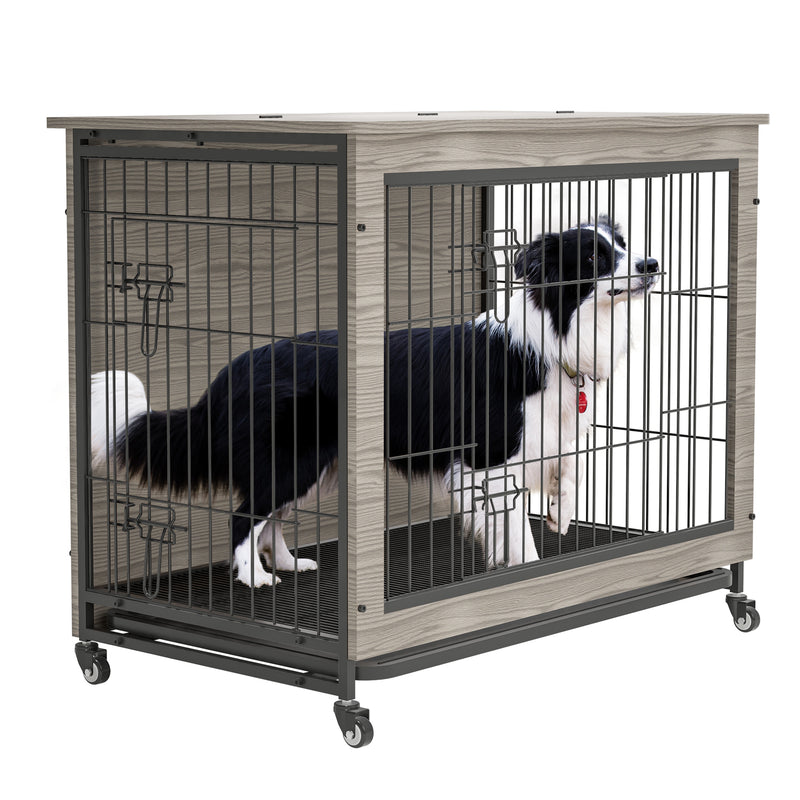 Dog Crate Furniture , Heavy Duty Wooden Dog Kennel with Double Doors & Flip-Top for Large Dogs, Furniture Style Dog Crate End Table with Wheels