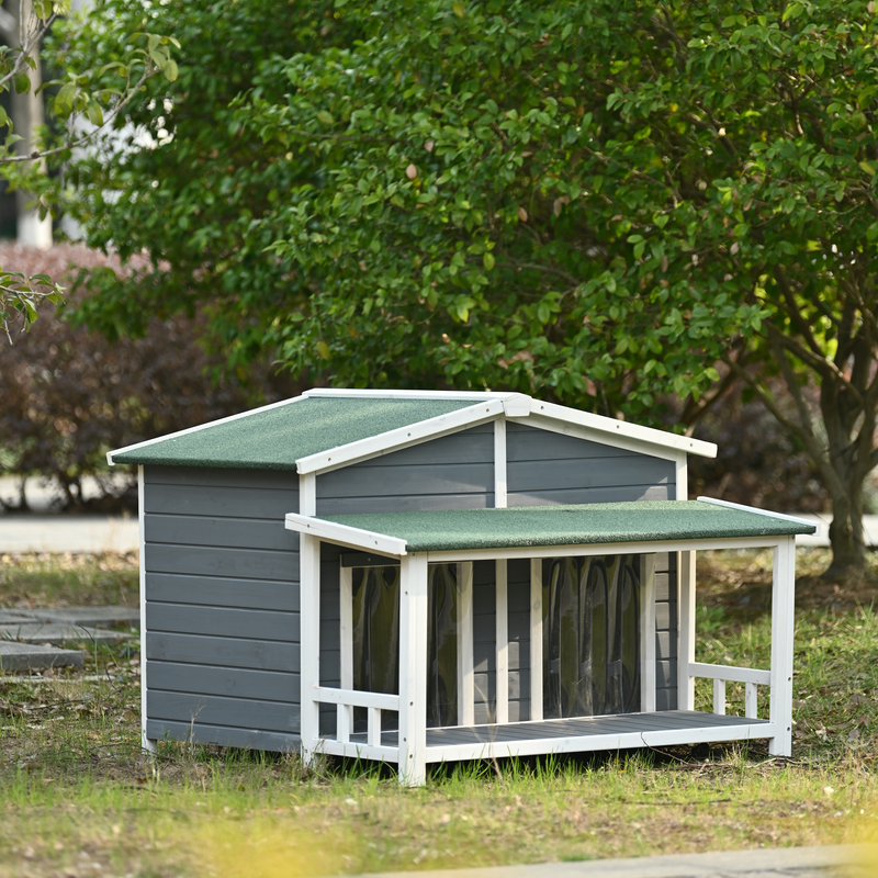 47.2" Large Wooden Dog House Outdoor, Outdoor & Indoor Dog Crate, Cabin Style, With Porch, 2 Doors, Gray And Green