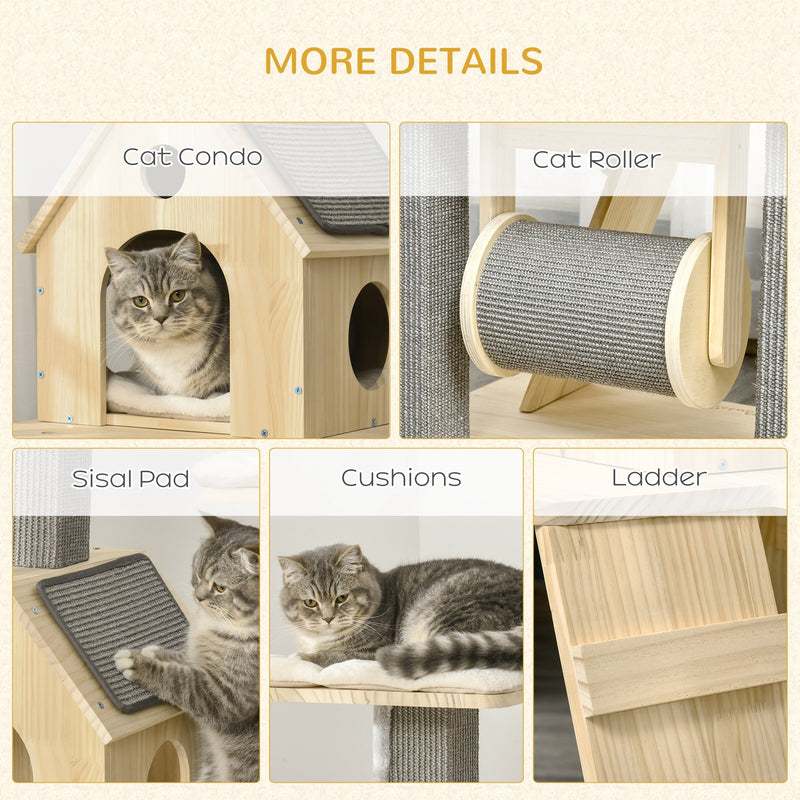 Cozy-House Cat Tree for Indoor Cats with Pillow-Covered Perches, Spinning Toy, Modern Climbing Activity Cat Tower with Scratching Posts, Cat Condo, Ladder, Natural