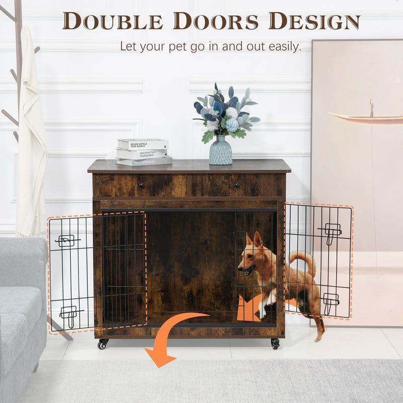 Dog Crate Furniture, Wooden Dog Crate End Table, Dog Kennel with 2 Drawers Storage, Heavy Duty Dog Crate, Decorative Pet Crate Dog Cage for Large Indoor Use