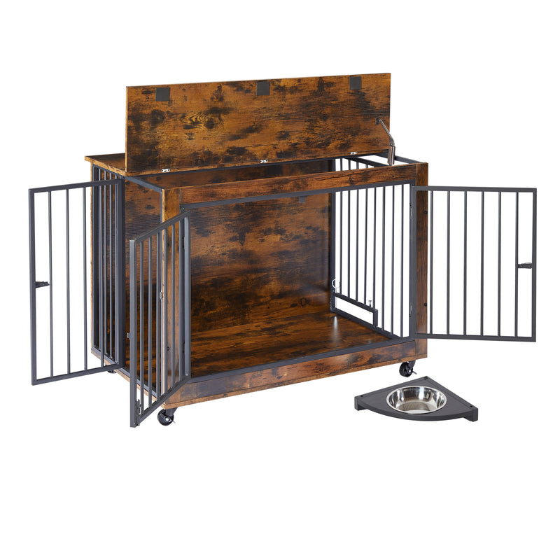 Furniture Style Dog Crate Side Table With Rotatable Feeding Bowl, Wheels, Three Doors, Flip-Up Top Opening. Indoor, Rustic Brown, Grey