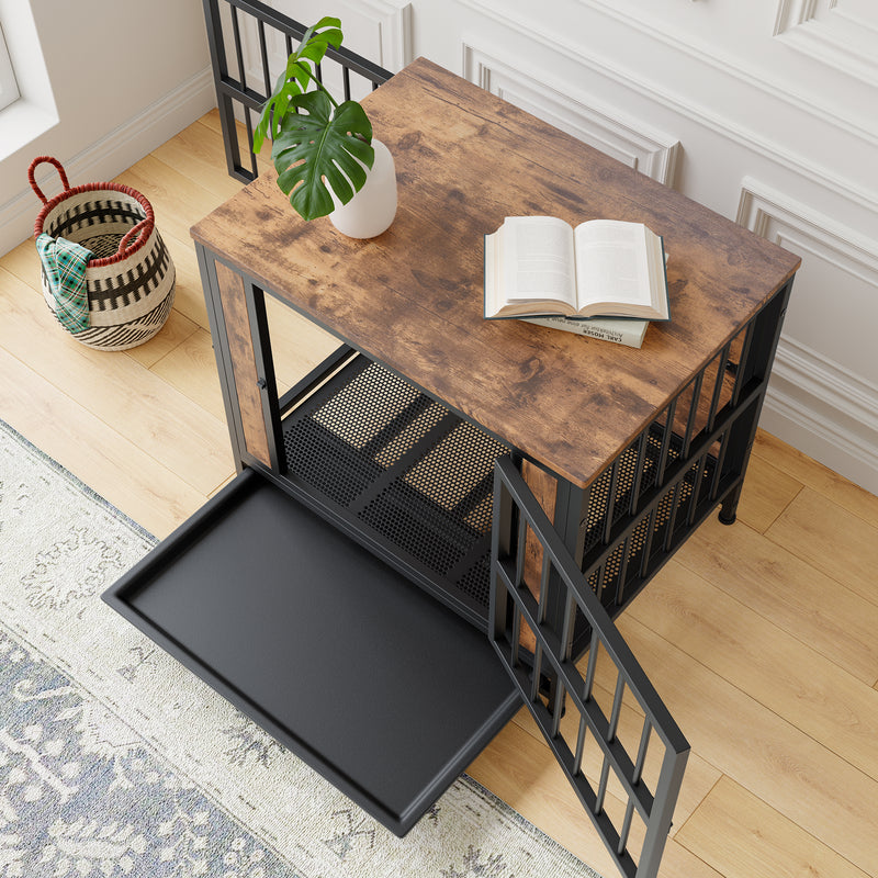 Dog Crate Furniture, Wooden Dog Crate Table, Dog Kennel with 2 Sliding Doors and Thick Iron Door Frame, Decorative Pet Crate House for Small Dog Indoor Use
