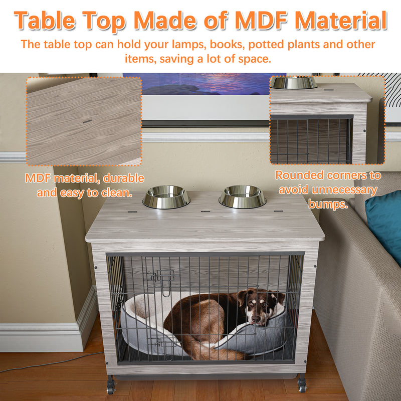 Dog Crate Furniture , Heavy Duty Wooden Dog Kennel with Double Doors & Flip-Top for Large Dogs, Furniture Style Dog Crate End Table with Wheels