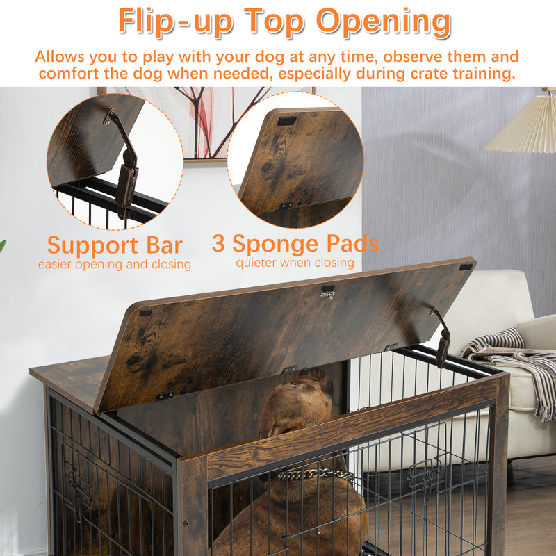 Dog Crate Furniture , Heavy Duty Wooden Dog Kennel with Double Doors & Flip-Top for Large Dogs, Furniture Style Dog Crate End Table with Wheels