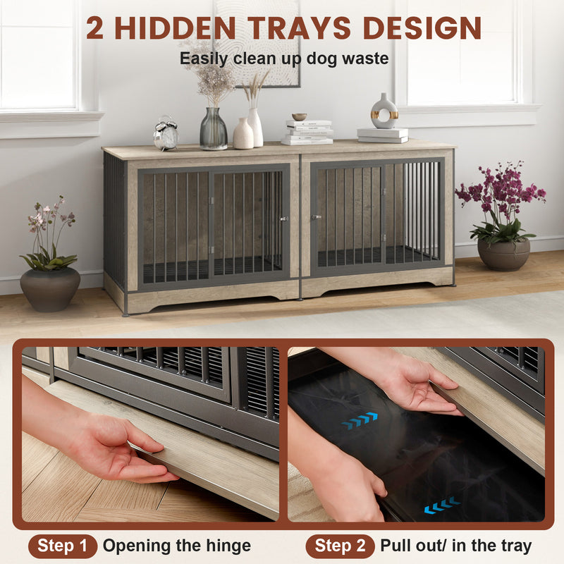 75 Inch Large Double Dog Crate Furniture for 2 Dogs Durable 3-in-1 Dog Crate TV Stand with Trays and Divider, Dog Kennel Indoor