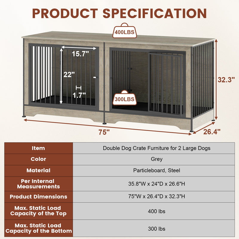 75 Inch Large Double Dog Crate Furniture for 2 Dogs Durable 3-in-1 Dog Crate TV Stand with Trays and Divider, Dog Kennel Indoor