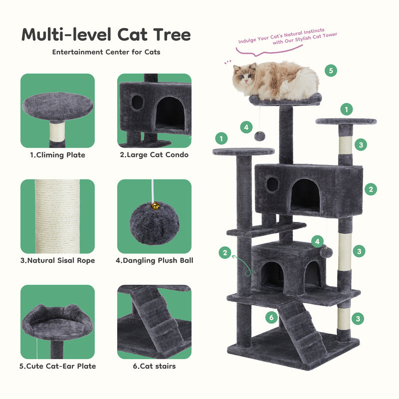 54inch Cat tree, indoor cat high-rise multi-story tower, pet playroom with large apartment, dark grey