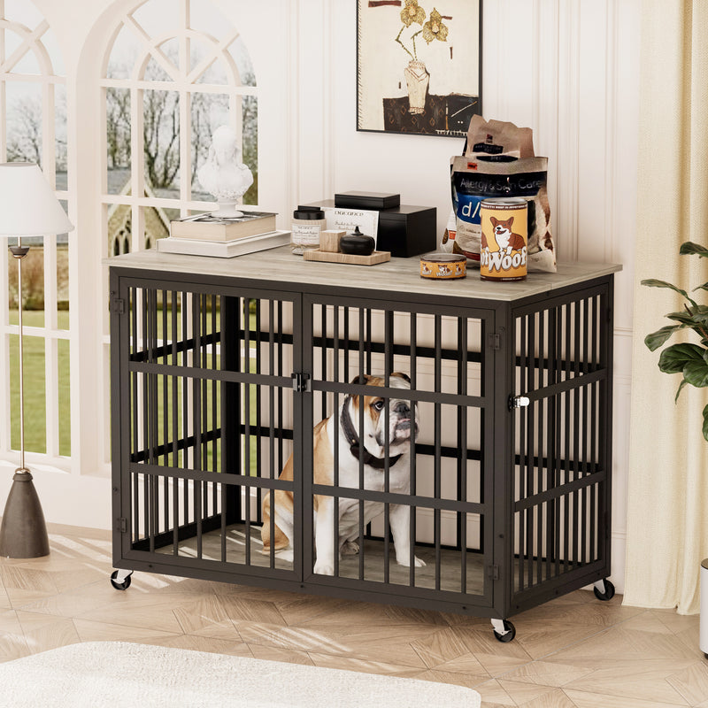 Furniture style dog crate wrought iron frame door with side openings, Rustic Brown, 43.3''W x 29.9''D x 33.5''H.