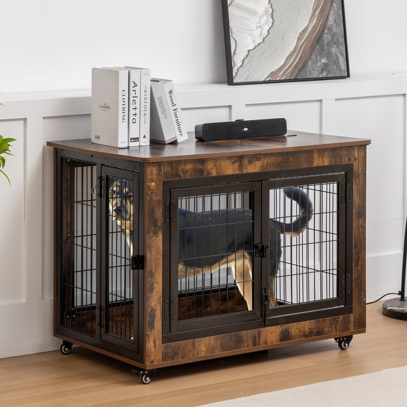 Dog Crate Furniture, Large Dog Kennel, Wooden Pet Furniture with Pull-Out Tray, Home and Indoor Use, Double Door Modern Side End Table for Medium/Large/Small Dog