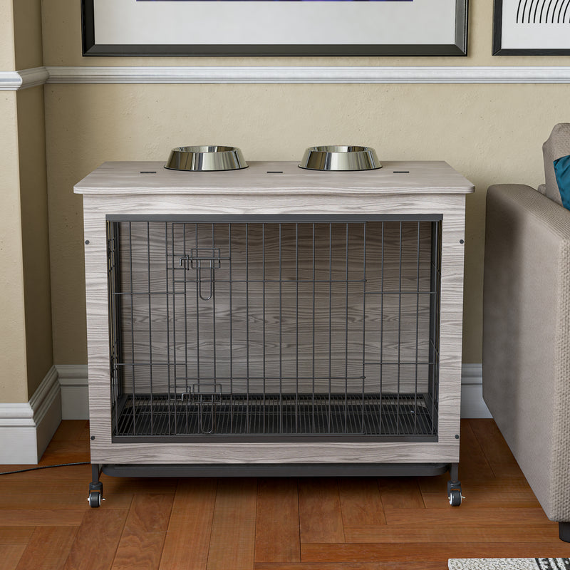 Dog Crate Furniture , Heavy Duty Wooden Dog Kennel with Double Doors & Flip-Top for Large Dogs, Furniture Style Dog Crate End Table with Wheels