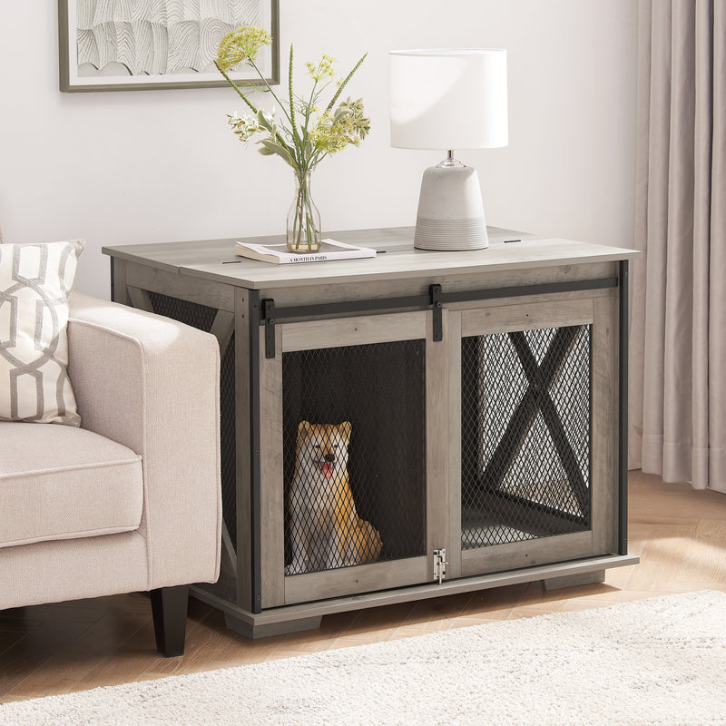 Dog Cage Crate Furniture with Sliding Barn Door, Farmhouse Wooden Dog Kennel End Table with Flip-top Plate Dog House with Detachable Divider for Small/Medium/Large Dog