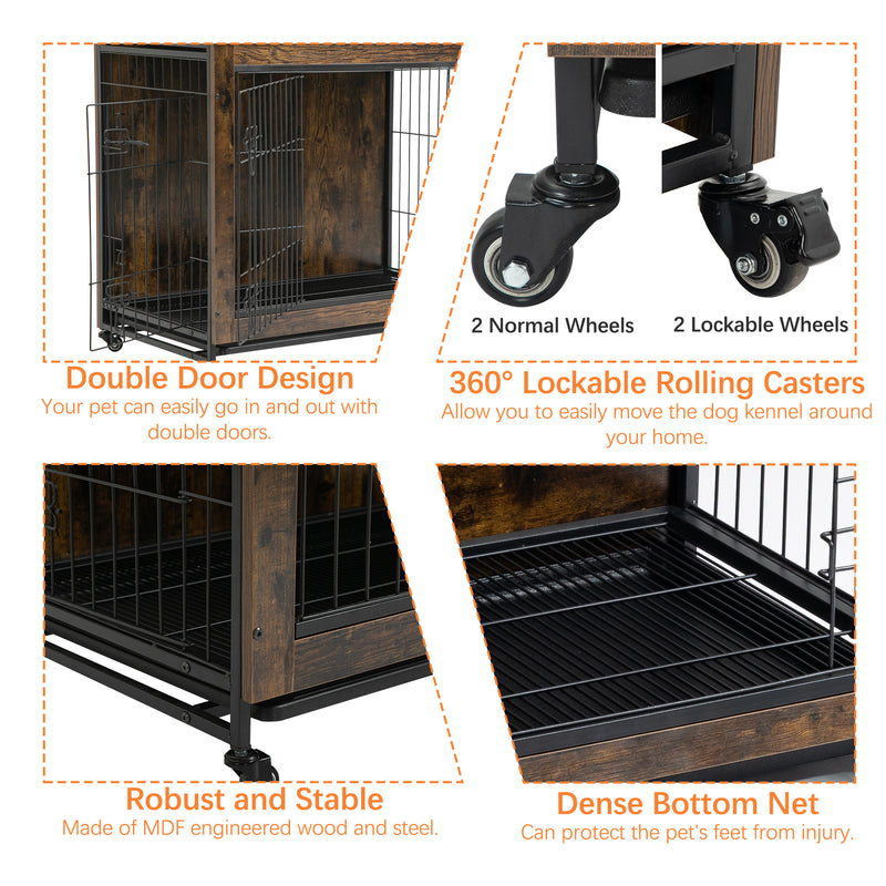 Dog Crate Furniture , Heavy Duty Wooden Dog Kennel with Double Doors & Flip-Top for Large Dogs, Furniture Style Dog Crate End Table with Wheels