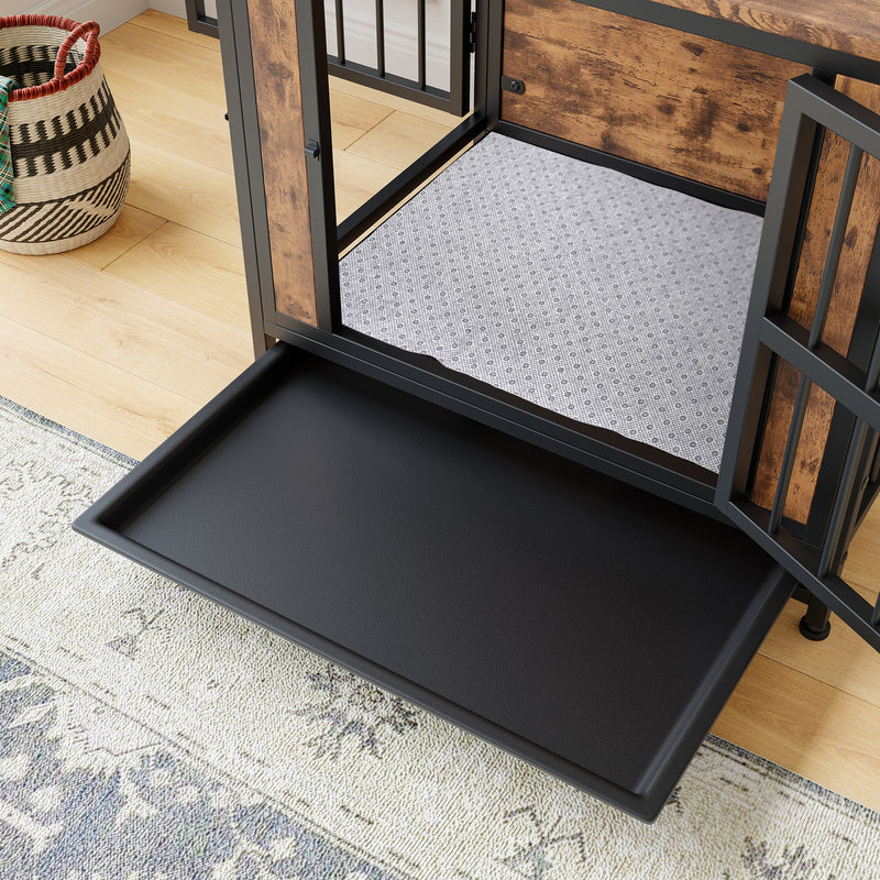 Dog Crate Furniture, Wooden Dog Crate Table, Dog Kennel with 2 Sliding Doors and Thick Iron Door Frame, Decorative Pet Crate House for Small Dog Indoor Use