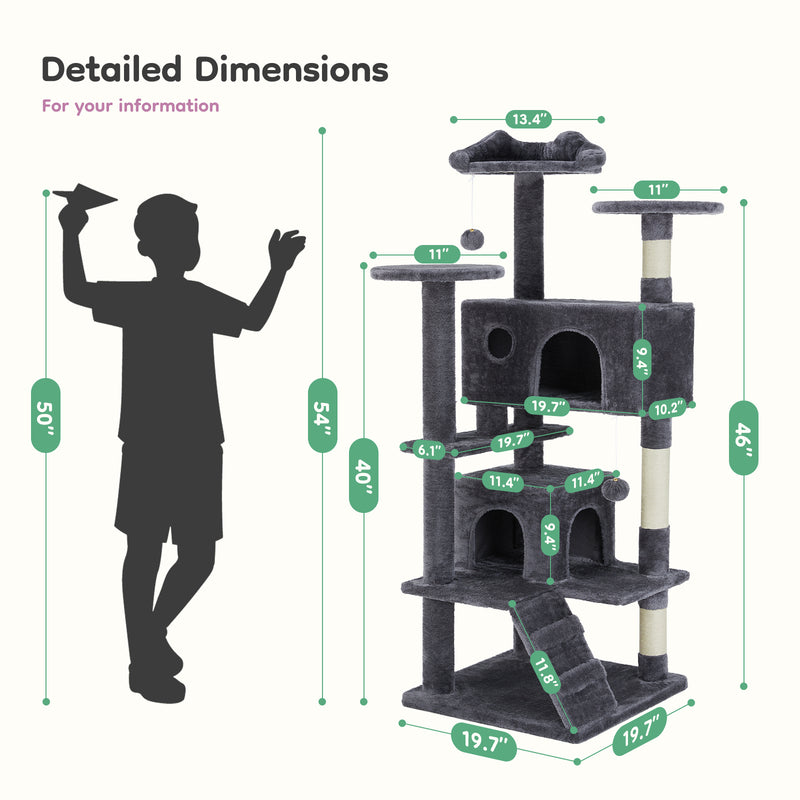 54inch Cat tree, indoor cat high-rise multi-story tower, pet playroom with large apartment, dark grey