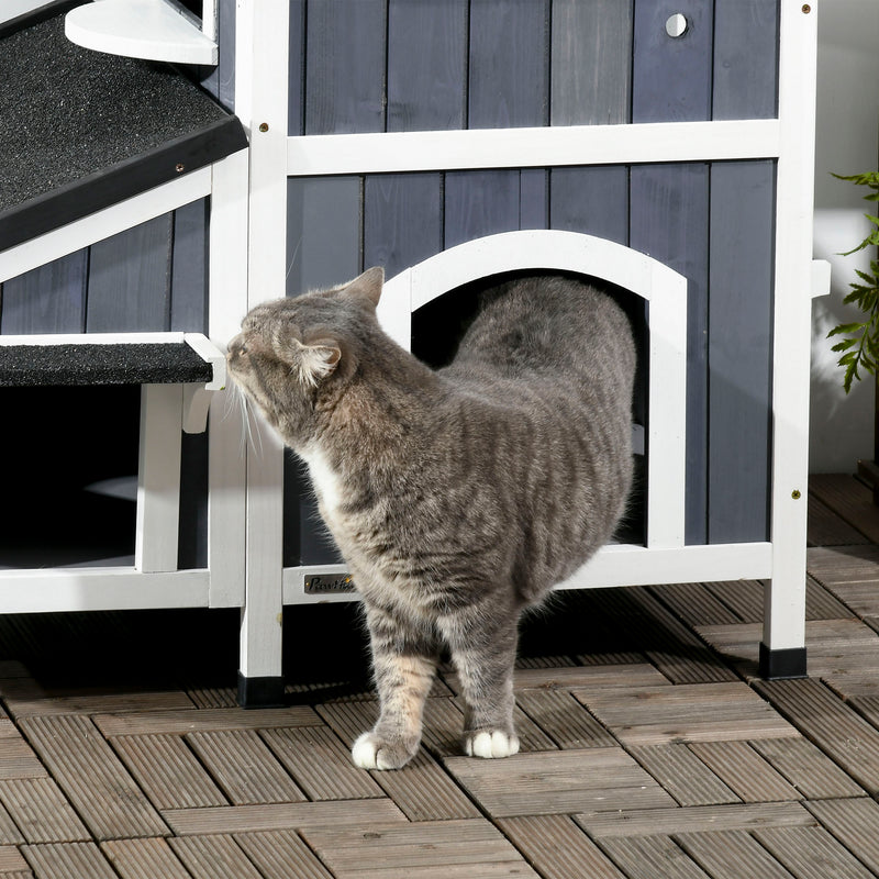 Outdoor Cat House with Weather-resistant Roof & Garden Bed, Outdoor Cat Shelter Enclosure with Multiple Entrances, Modern Cat Furniture Hideout, Cat Gifts, Gray