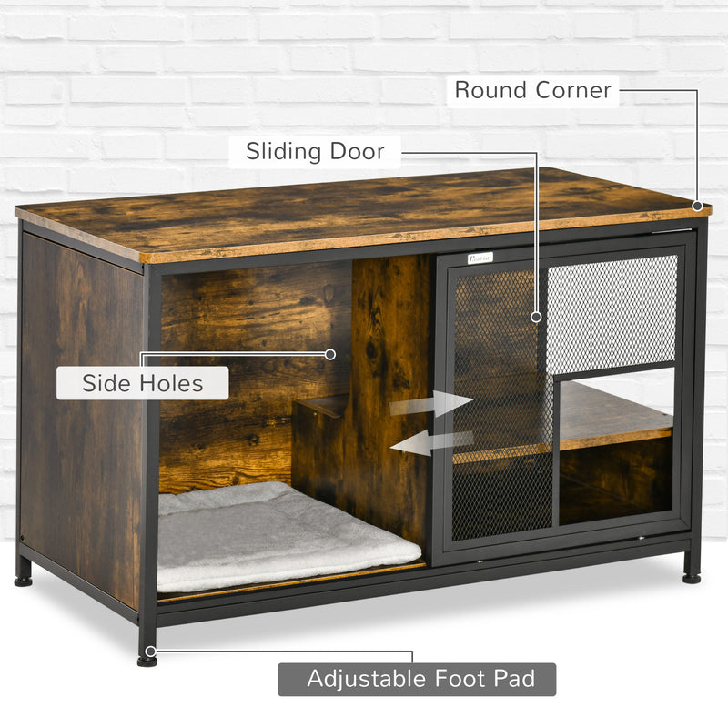Cat Kennel, Furniture Style Dog Cage, Wood & Steel End Table Pet House with Cushion and Sliding Doors, Rustic Brown