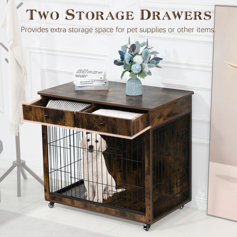 Dog Crate Furniture, Wooden Dog Crate End Table, Dog Kennel with 2 Drawers Storage, Heavy Duty Dog Crate, Decorative Pet Crate Dog Cage for Large Indoor Use
