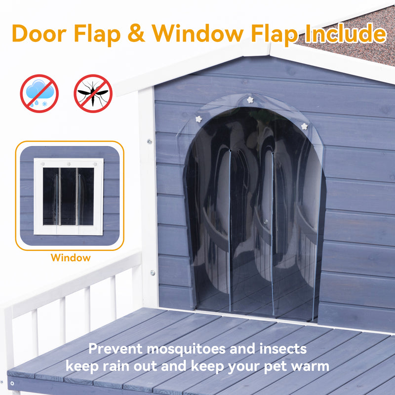 Large Wooden Dog House Indoor Outdoor with Terrace and Open Waterproof Asphalt Roof, Outdoor Dog House with Raised Floor, Windows and Door Curtains, Suitable for Small and Medium Dogs