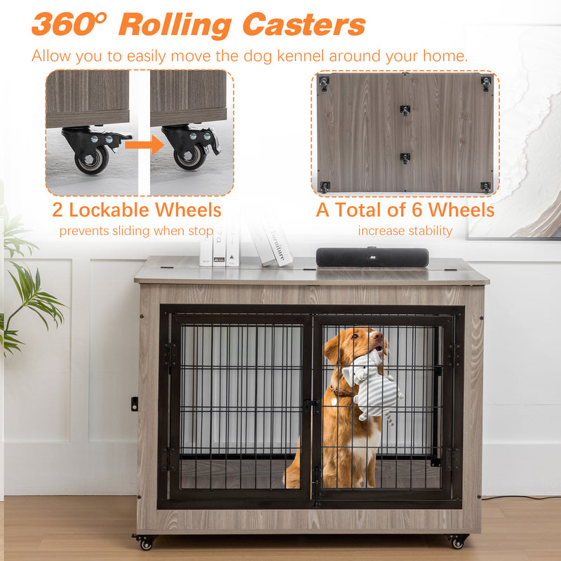 Dog Crate Furniture, Large Dog Kennel, Wooden Pet Furniture with Pull-Out Tray, Home and Indoor Use, Double Door Modern Side End Table for Medium/Large/Small Dog