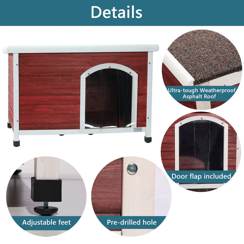 Medium Wooden Outdoor Dog House, Waterproof Roof, Elevated Floor, Adjustable Plastic Feet, Red, Grey, Yellow