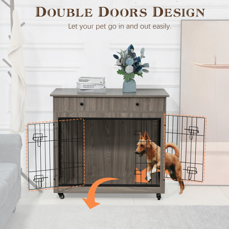 Dog Crate Furniture, Wooden Dog Crate End Table, Dog Kennel with 2 Drawers Storage, Heavy Duty Dog Crate, Decorative Pet Crate Dog Cage for Large Indoor Use