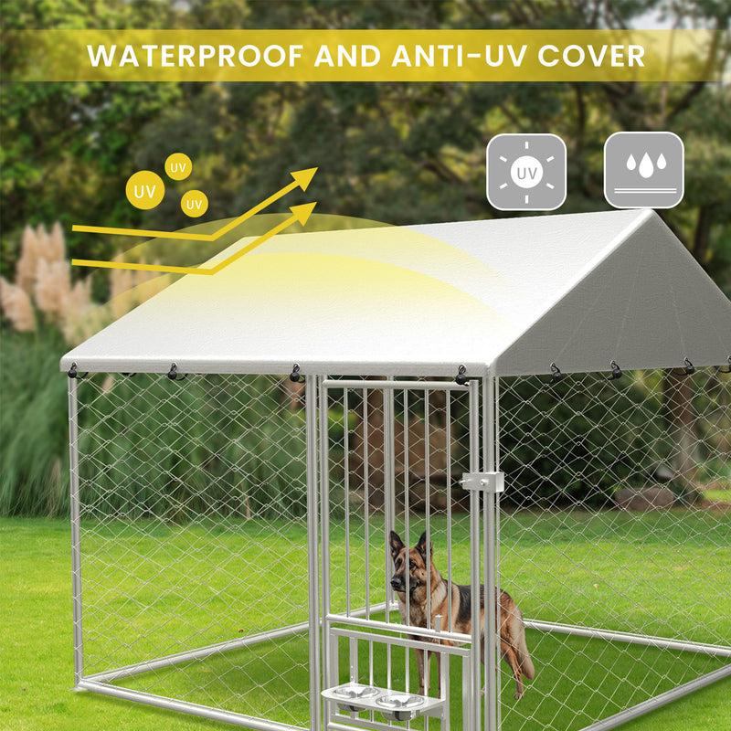 Large outdoor kennel, heavy duty outdoor fenced dog cage with swivel feeder, outdoor dog playpen with waterproof UV protection cover and safety lock,6.67'w x 6.67'd x 5'h