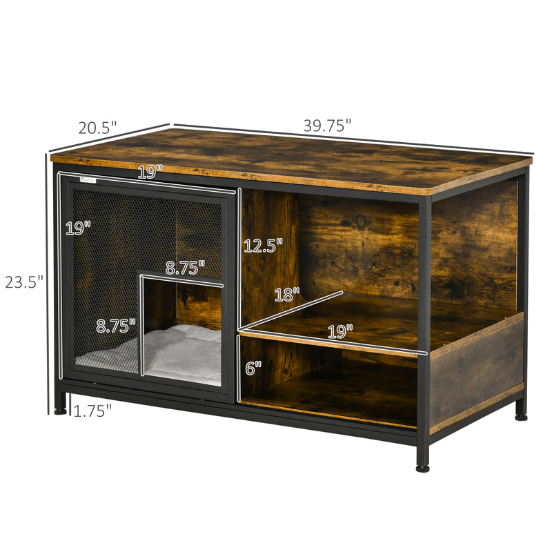 Cat Kennel, Furniture Style Dog Cage, Wood & Steel End Table Pet House with Cushion and Sliding Doors, Rustic Brown