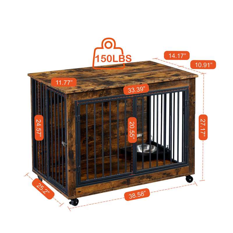 Furniture Style Dog Crate Side Table With Rotatable Feeding Bowl, Wheels, Three Doors, Flip-Up Top Opening. Indoor, Rustic Brown, Grey