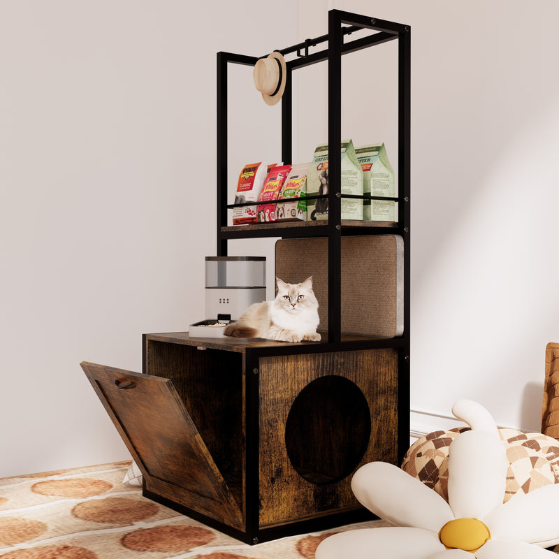 55'Refined Litter Box Enclosure with Storage Shelves and 2 Hanging Clothes Rack, 4-in-1 Hidden Cat Litter Box Enclosure Furniture with Shelf, Reversible Entrance,Rustic Brown