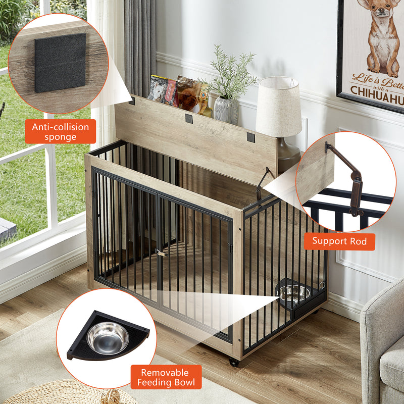 Furniture Style Dog Crate Side Table With Rotatable Feeding Bowl, Wheels, Three Doors, Flip-Up Top Opening. Indoor, Rustic Brown, Grey