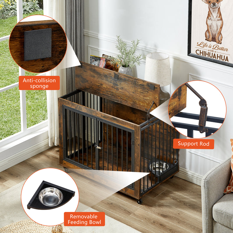 Furniture Style Dog Crate Side Table With Rotatable Feeding Bowl, Wheels, Three Doors, Flip-Up Top Opening. Indoor, Rustic Brown, Grey