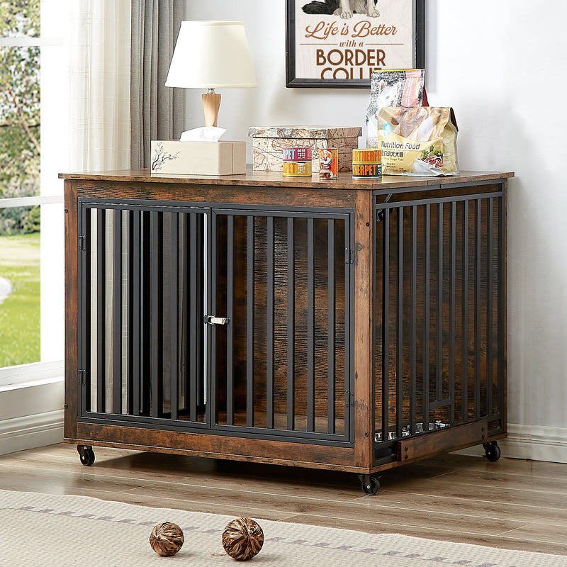 Furniture Style Dog Crate Side Table With Feeding Bowl, Wheels, Three Doors, Flip-Up Top Opening. Indoor, Rustic Brown, Grey