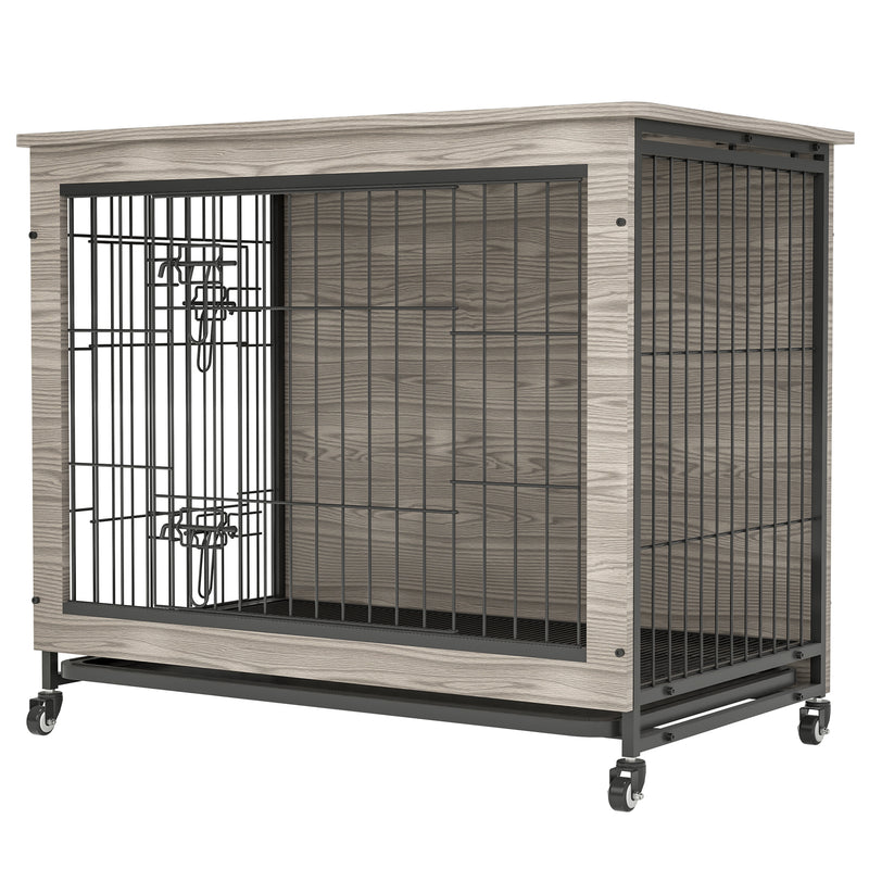 Dog Crate Furniture , Heavy Duty Wooden Dog Kennel with Double Doors & Flip-Top for Large Dogs, Furniture Style Dog Crate End Table with Wheels