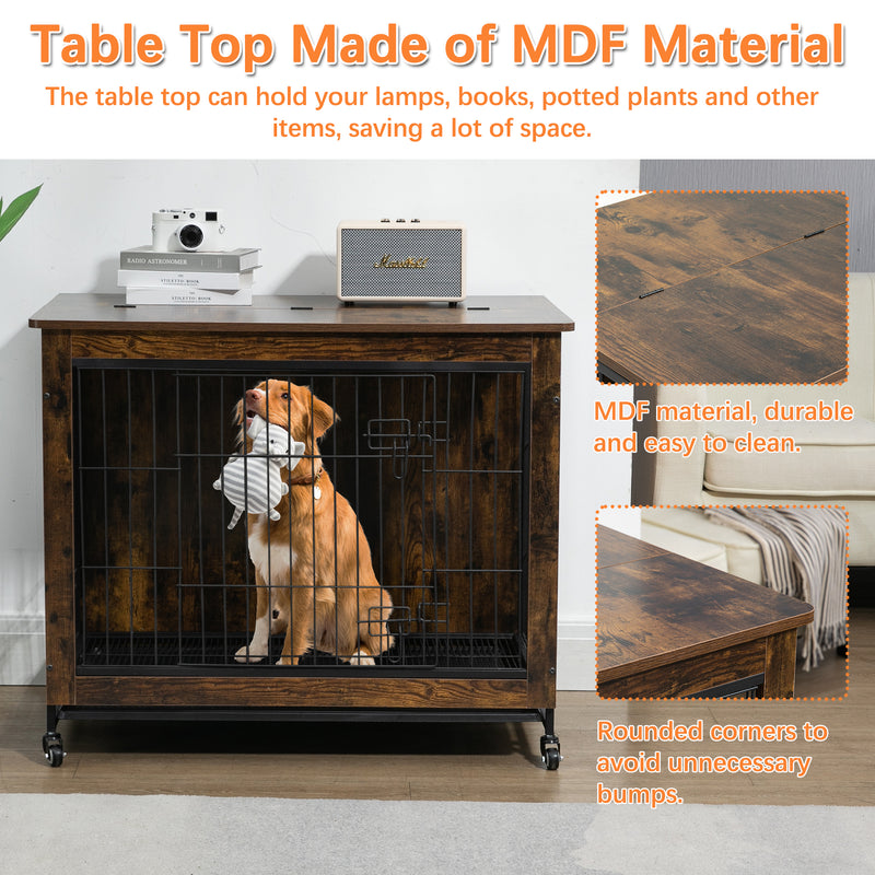 Dog Crate Furniture , Heavy Duty Wooden Dog Kennel with Double Doors & Flip-Top for Large Dogs, Furniture Style Dog Crate End Table with Wheels
