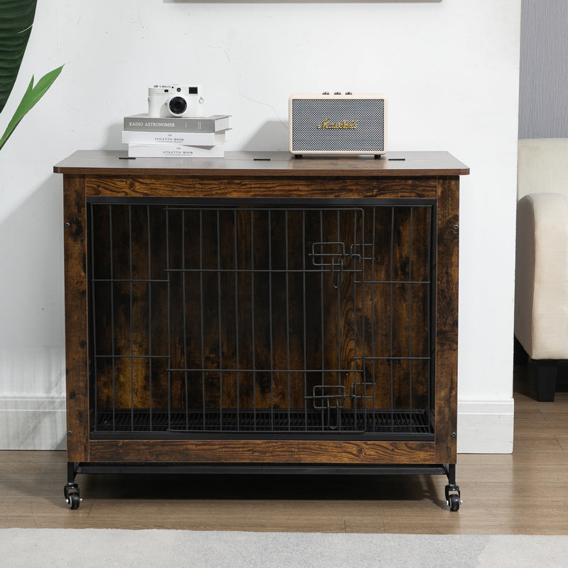 Dog Crate Furniture , Heavy Duty Wooden Dog Kennel with Double Doors & Flip-Top for Large Dogs, Furniture Style Dog Crate End Table with Wheels