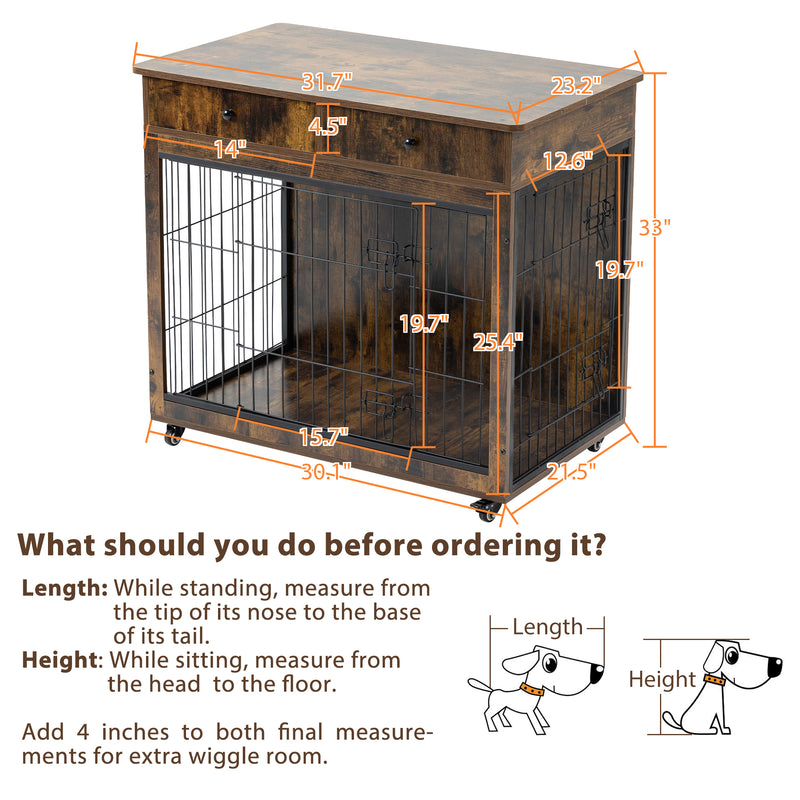 Dog Crate Furniture, Wooden Dog Crate End Table, Dog Kennel with 2 Drawers Storage, Heavy Duty Dog Crate, Decorative Pet Crate Dog Cage for Large Indoor Use