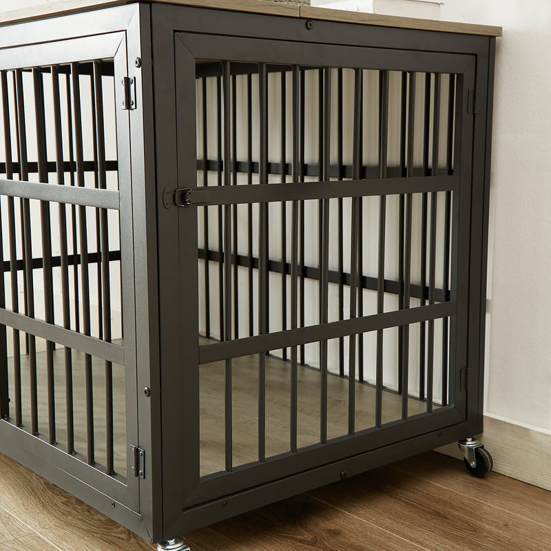 Furniture style dog crate wrought iron frame door with side openings, Rustic Brown, 43.3''W x 29.9''D x 33.5''H.
