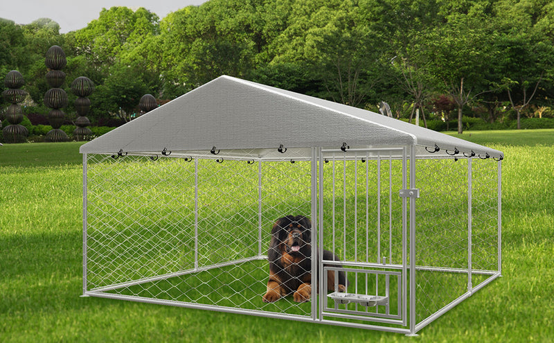 Large outdoor kennel, heavy duty outdoor fenced dog cage with swivel feeder, outdoor dog playpen with waterproof UV protection cover and safety lock,10' W x 10' D x 5' H.