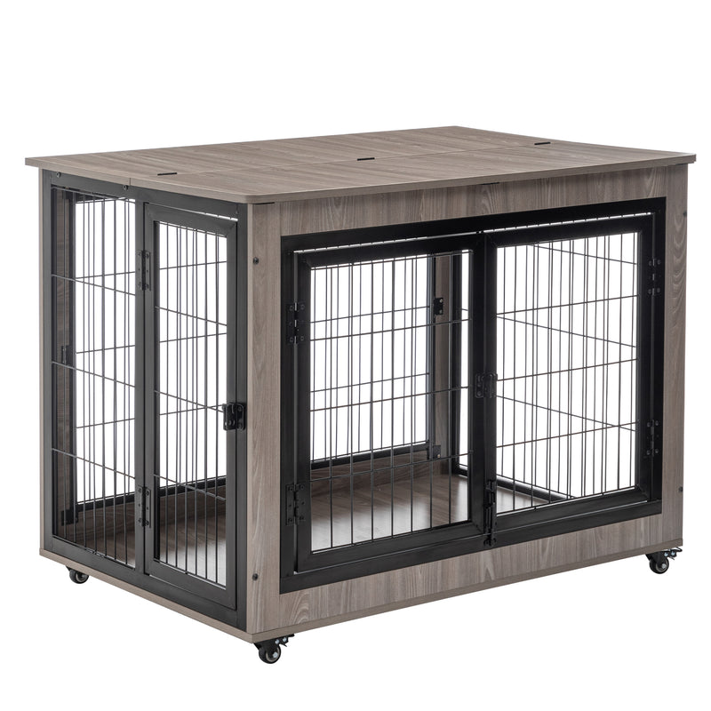 Dog Crate Furniture, Large Dog Kennel, Wooden Pet Furniture with Pull-Out Tray, Home and Indoor Use, Double Door Modern Side End Table for Medium/Large/Small Dog