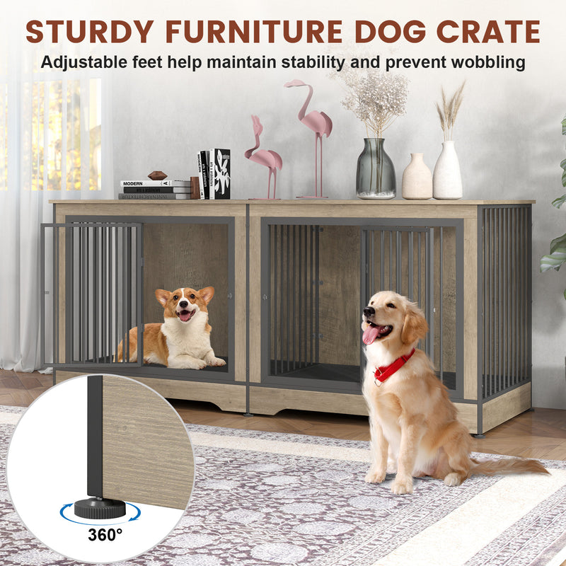 75 Inch Large Double Dog Crate Furniture for 2 Dogs Durable 3-in-1 Dog Crate TV Stand with Trays and Divider, Dog Kennel Indoor