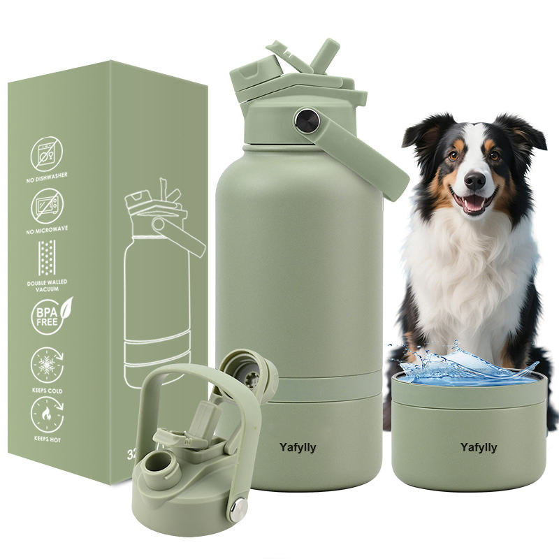 32 oz Insulated Dog Water Bottle with 8 oz Travel Bowl, Leak-Resistant Stainless Steel Pet Water Bottle for Walking, Hiking, Camping and Travel