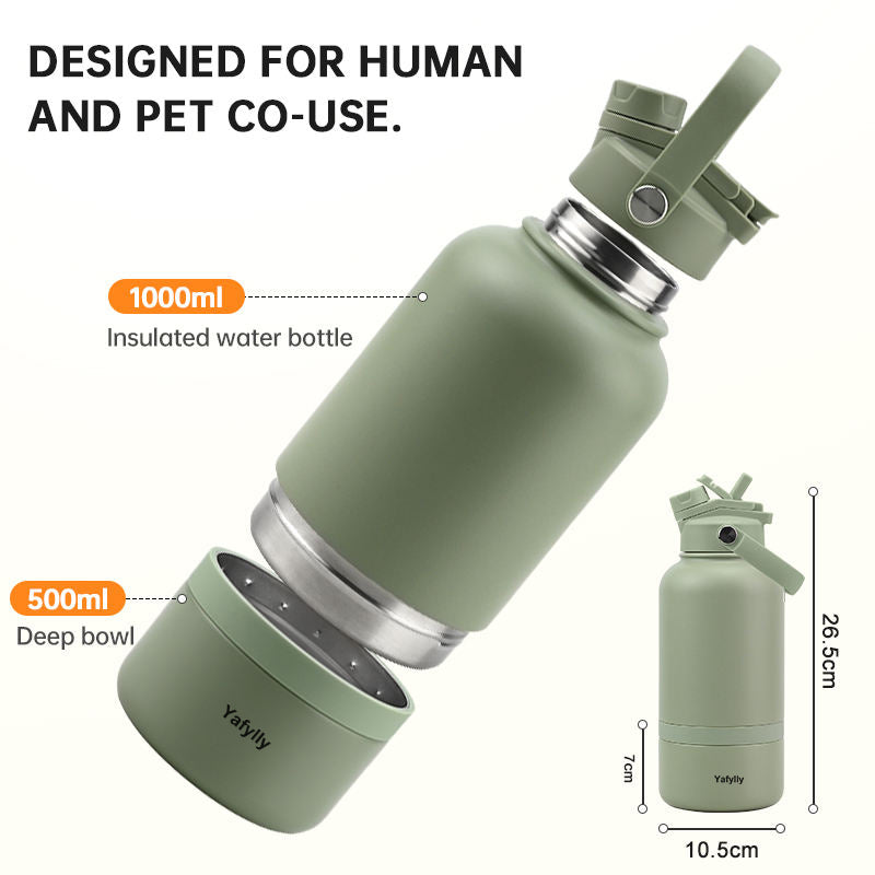 32 oz Insulated Dog Water Bottle with 8 oz Travel Bowl, Leak-Resistant Stainless Steel Pet Water Bottle for Walking, Hiking, Camping and Travel