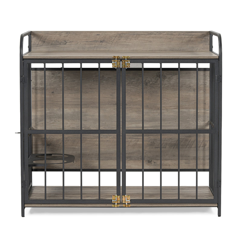 Heavy Duty Dog Crate Furniture for Medium Dog with Lockable Wheels, Wooden Dog Crate Dog Kennel, End Table Crate with Double layer storage, Grey, Brown