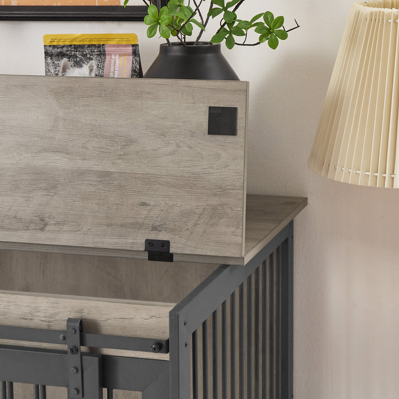 Furniture dog crate sliding iron door dog crate with mat. (Rustic Brown, Grey, 43.7''W x 30''D x 33.7''H)