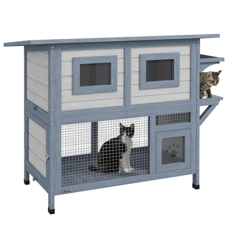 Outdoor Cat House, 2 Tier Weatherproof Feral Cat Shelter with Escape Door, Asphalt Roof, Jump Platform, Large Wooden Cat House for Outside, Backyard, Light Gray