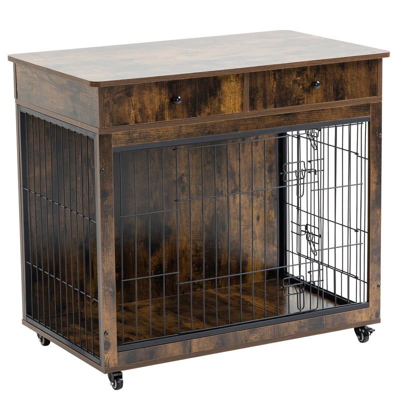 Dog Crate Furniture, Wooden Dog Crate End Table, Dog Kennel with 2 Drawers Storage, Heavy Duty Dog Crate, Decorative Pet Crate Dog Cage for Large Indoor Use